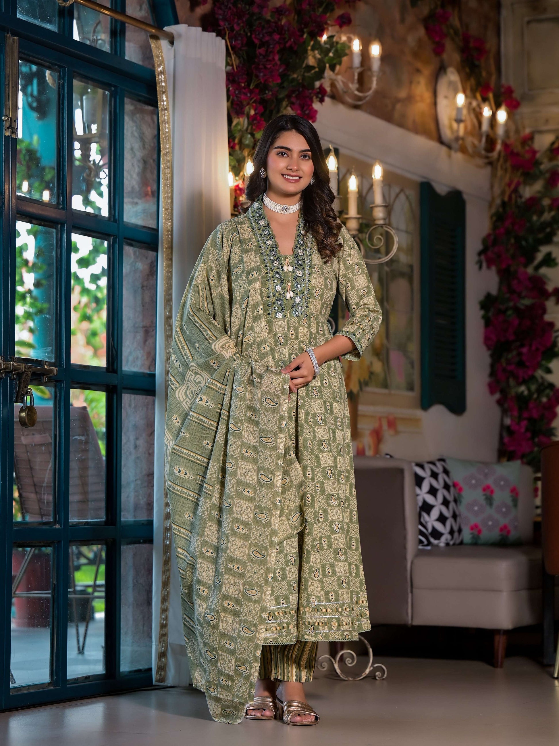 Embroidered & Printed Flared Kurta With Pant & Dupatta, Green - Hiral Fashion