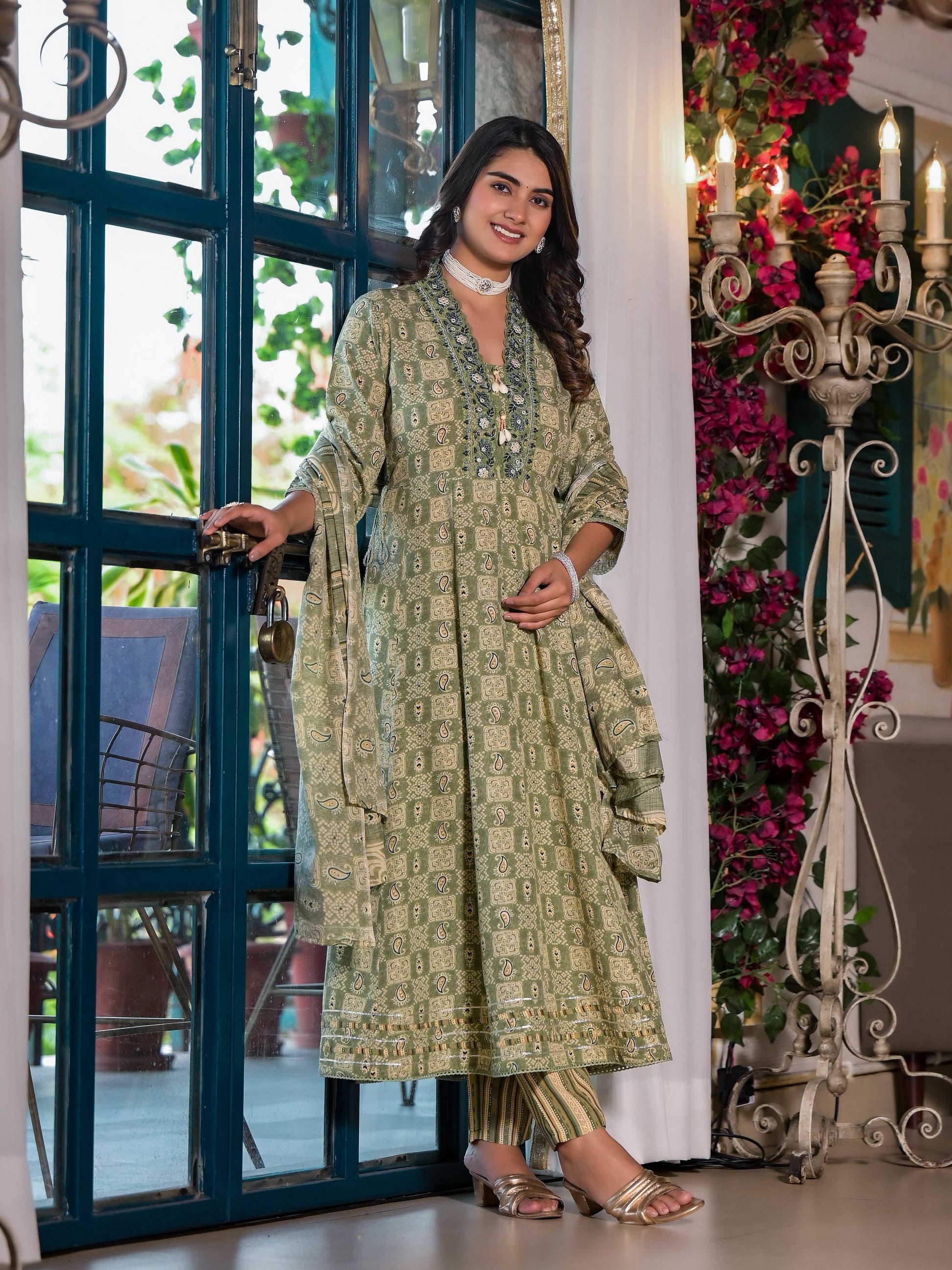 Embroidered & Printed Flared Kurta With Pant & Dupatta, Green - Hiral Fashion