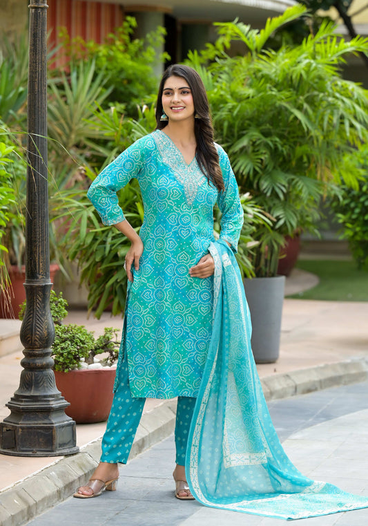 Applique Embroidered & Bandhani Printed Kurta With Pant & Printed Dupatta, Blue - Hiral Fashion