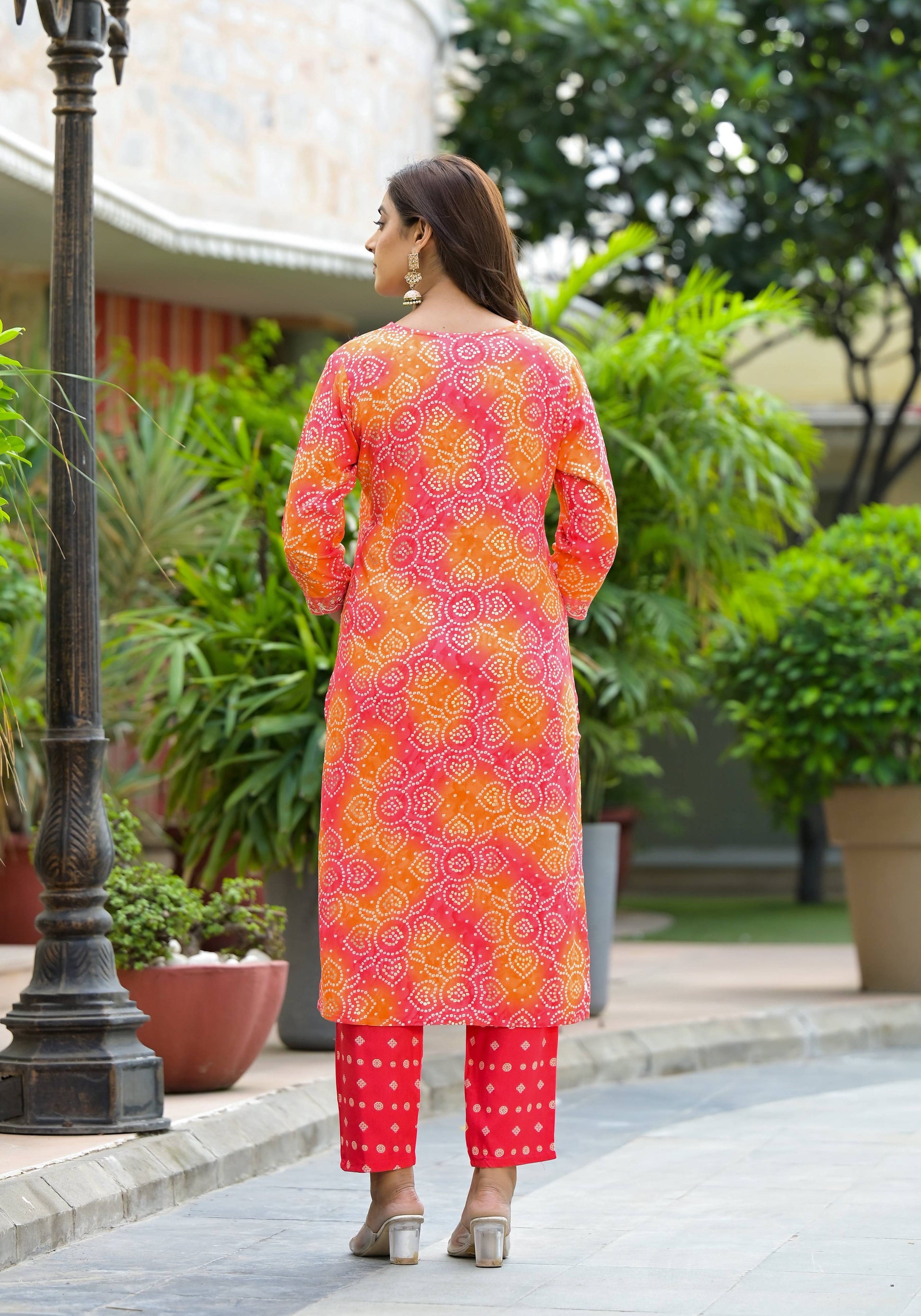 Applique Embroidered & Bandhani Printed Kurta With Pant & Printed Dupatta, Orange - Hiral Fashion