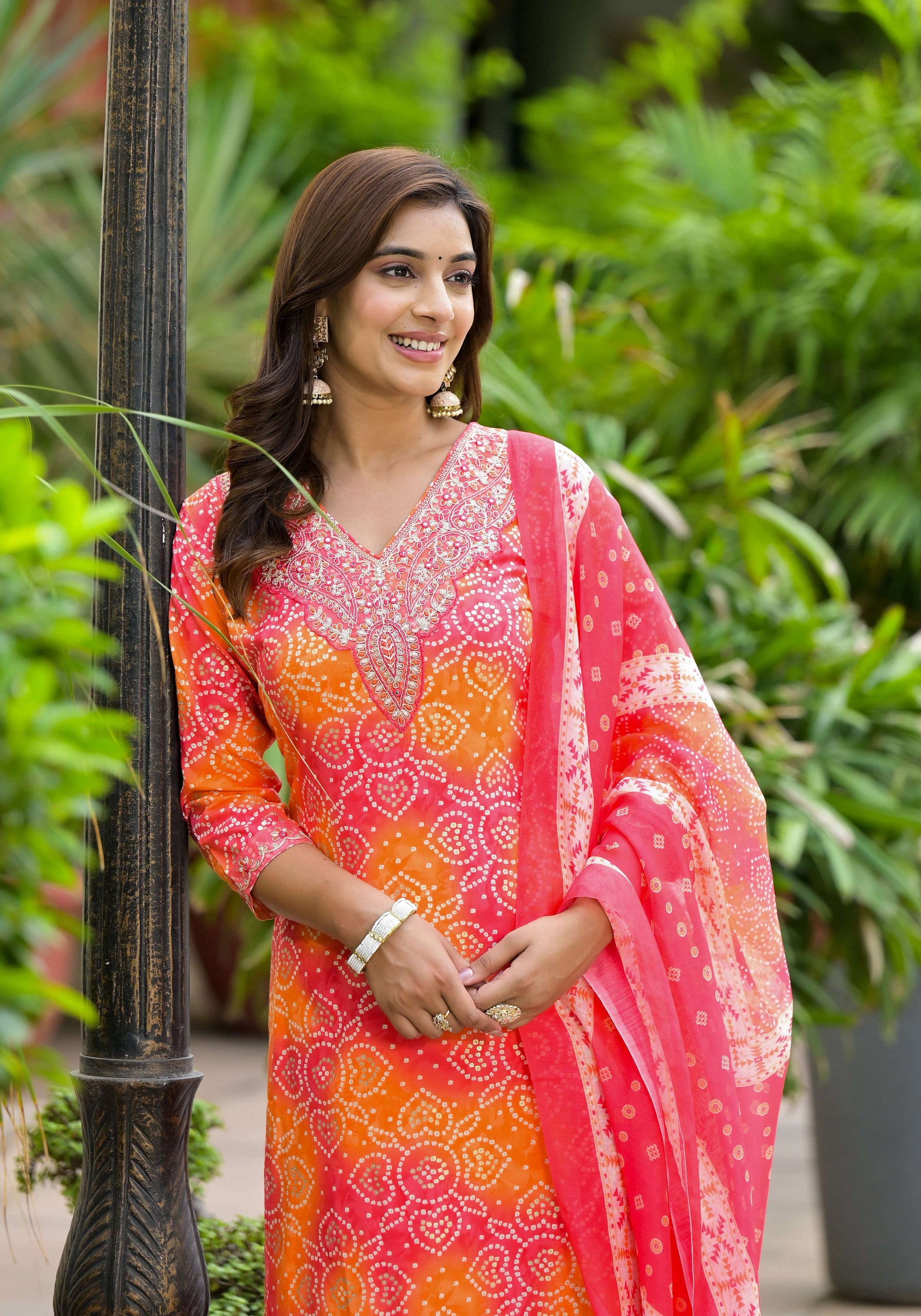 Applique Embroidered & Bandhani Printed Kurta With Pant & Printed Dupatta, Orange - Hiral Fashion