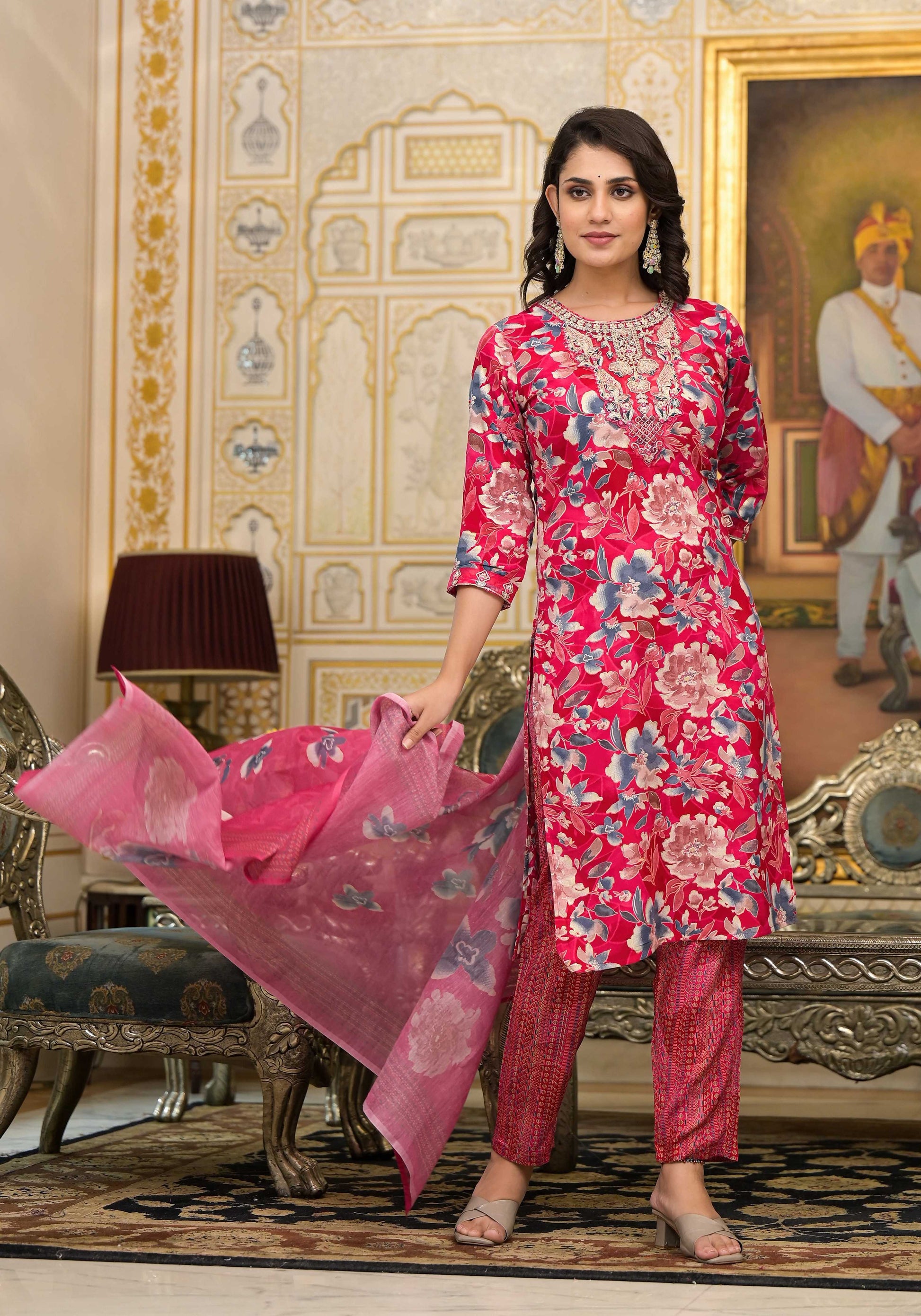 Applique Embroidered & Floral Printed Kurta With Pant & Printed Dupatta, Pink - Hiral Fashion