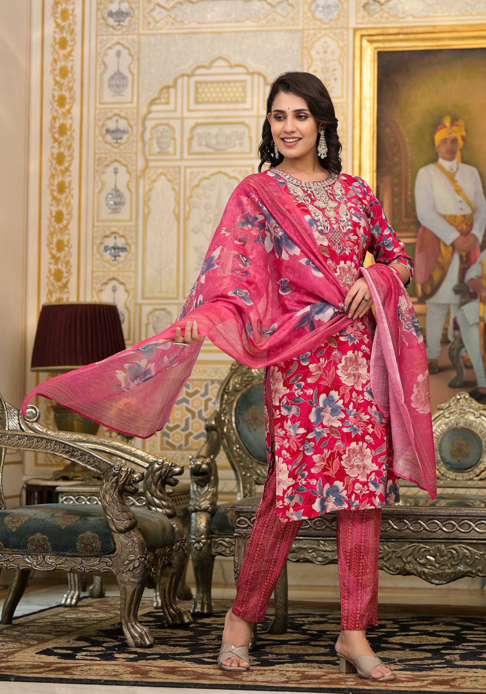 Applique Embroidered & Floral Printed Kurta With Pant & Printed Dupatta, Pink - Hiral Fashion