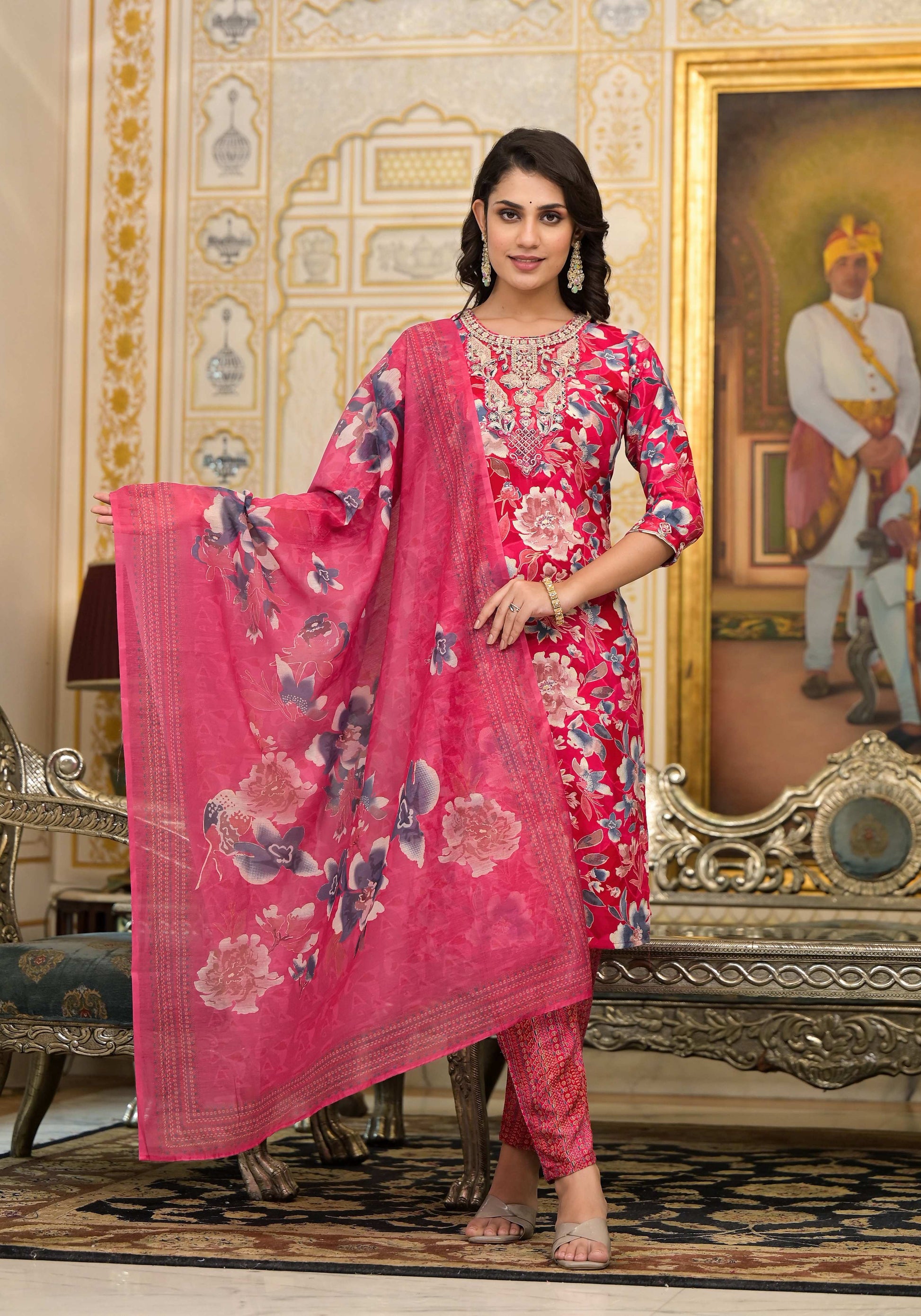 Applique Embroidered & Floral Printed Kurta With Pant & Printed Dupatta, Pink - Hiral Fashion