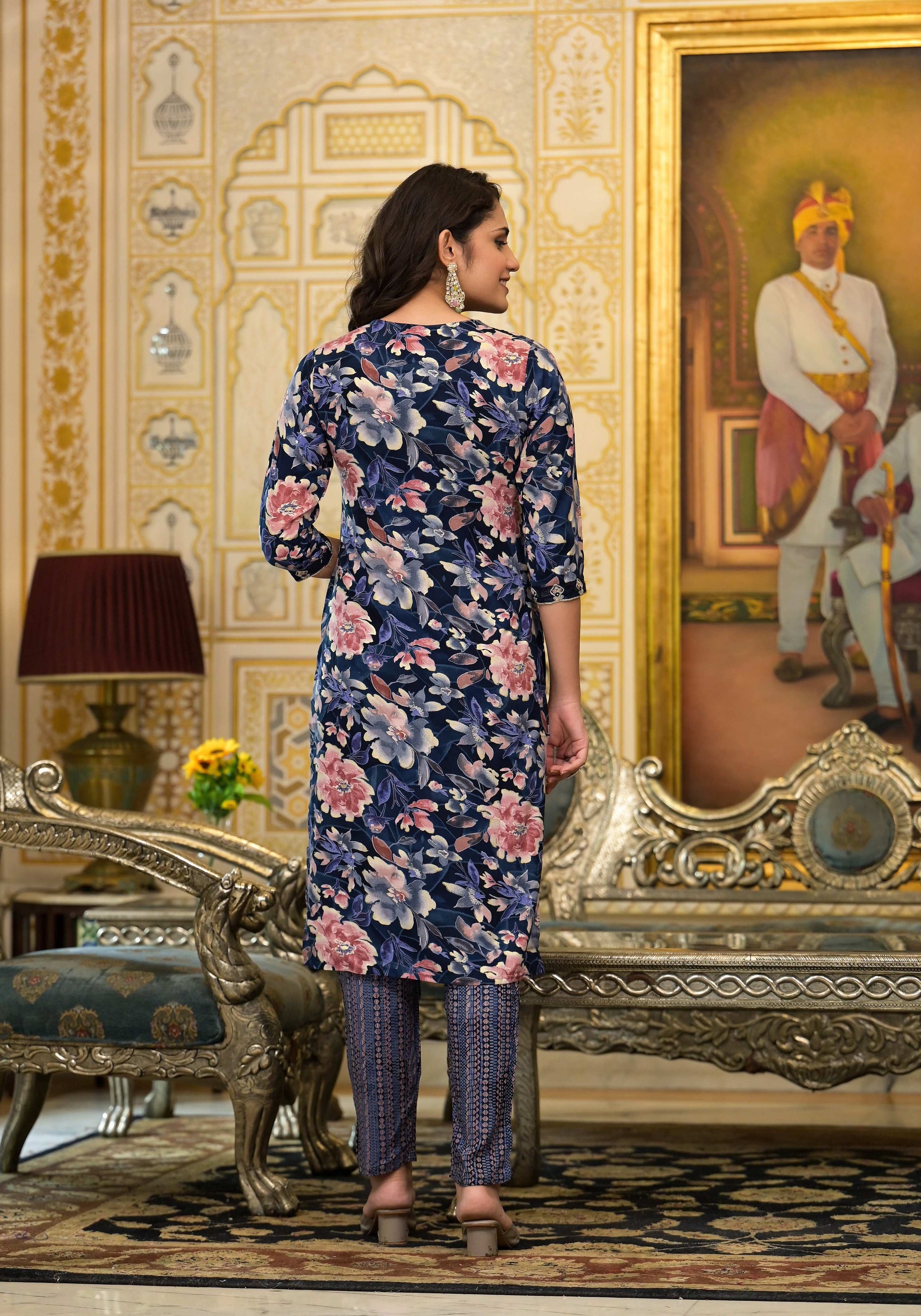Applique Embroidered & Floral Printed Kurta With Pant & Printed Dupatta, Navy Blue - Hiral Fashion