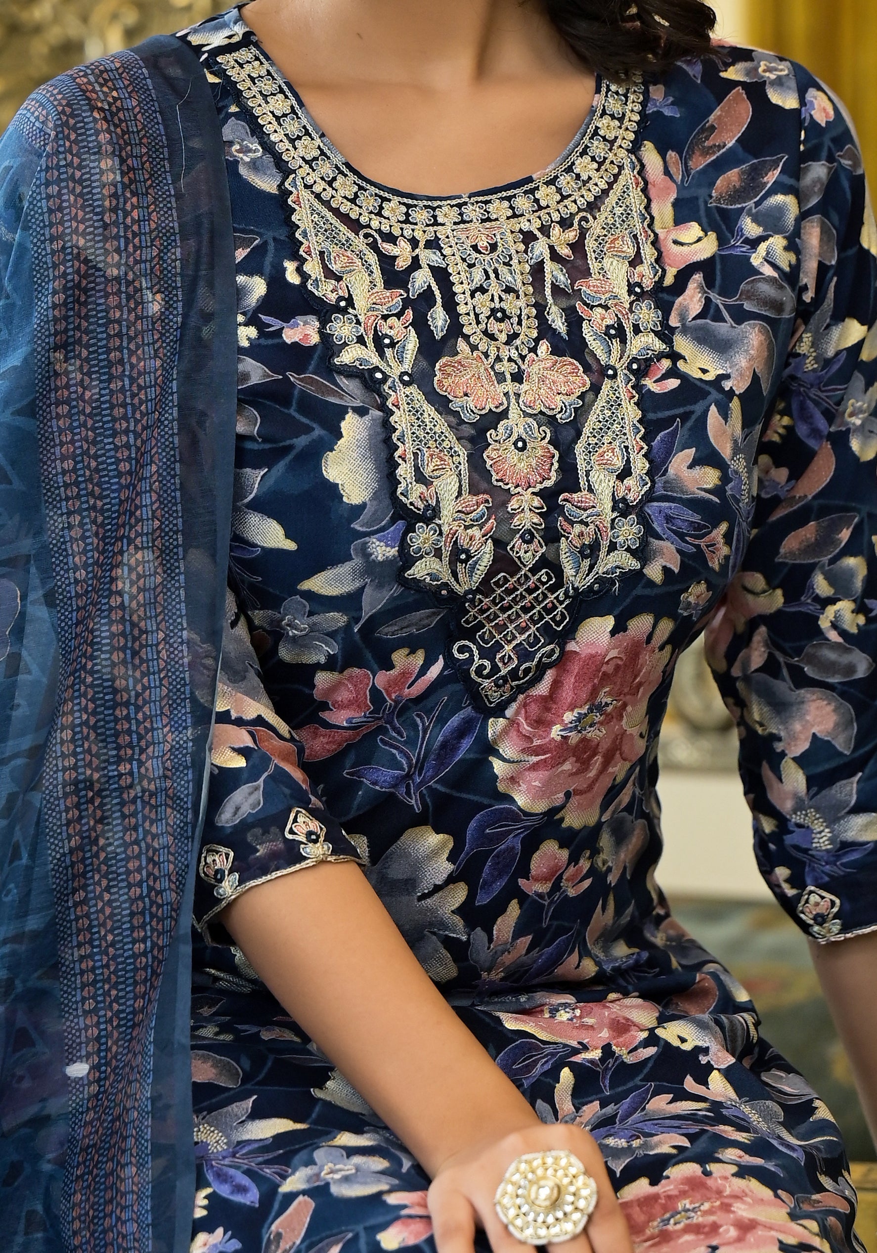 Applique Embroidered & Floral Printed Kurta With Pant & Printed Dupatta, Navy Blue - Hiral Fashion