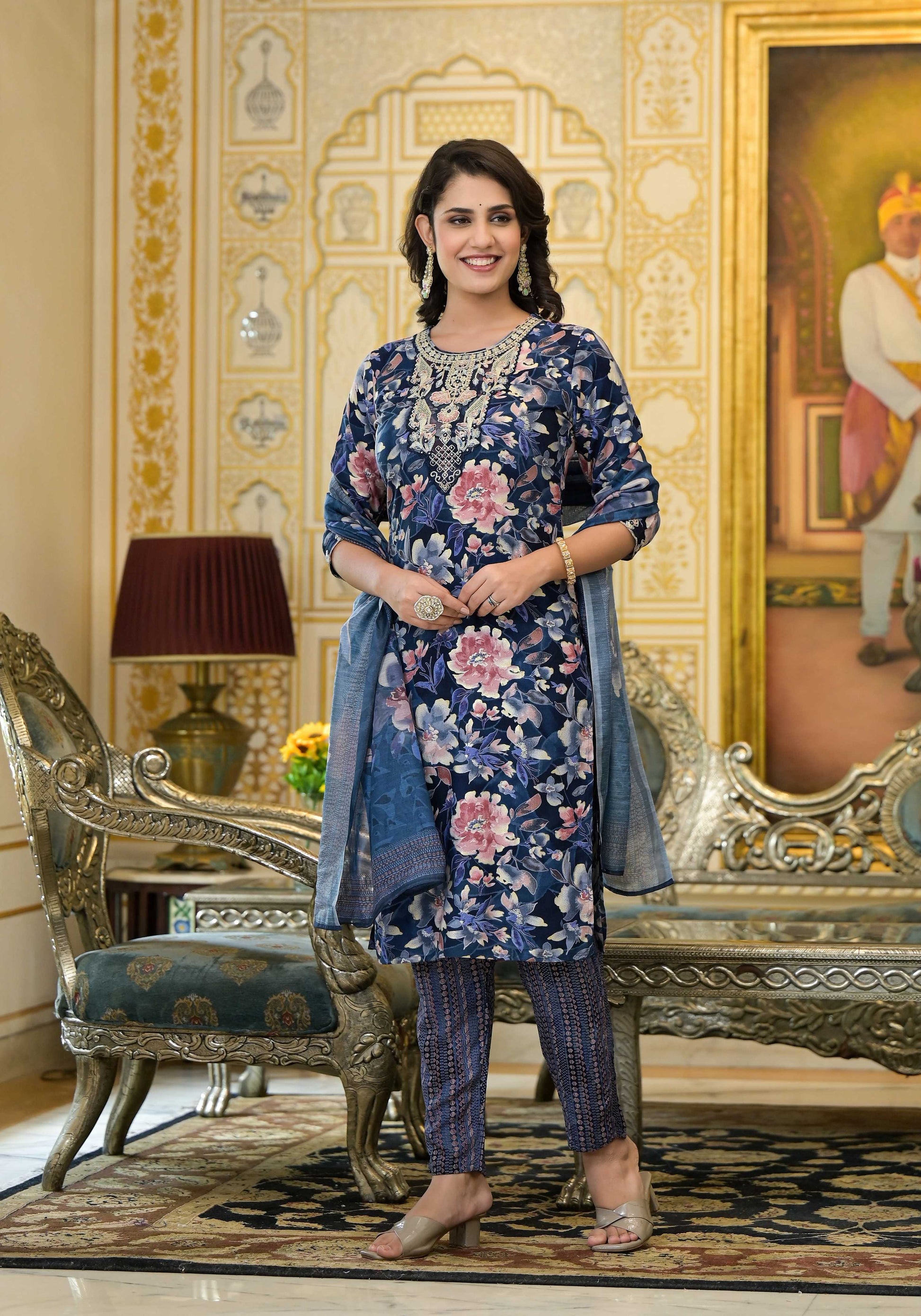Applique Embroidered & Floral Printed Kurta With Pant & Printed Dupatta, Navy Blue - Hiral Fashion