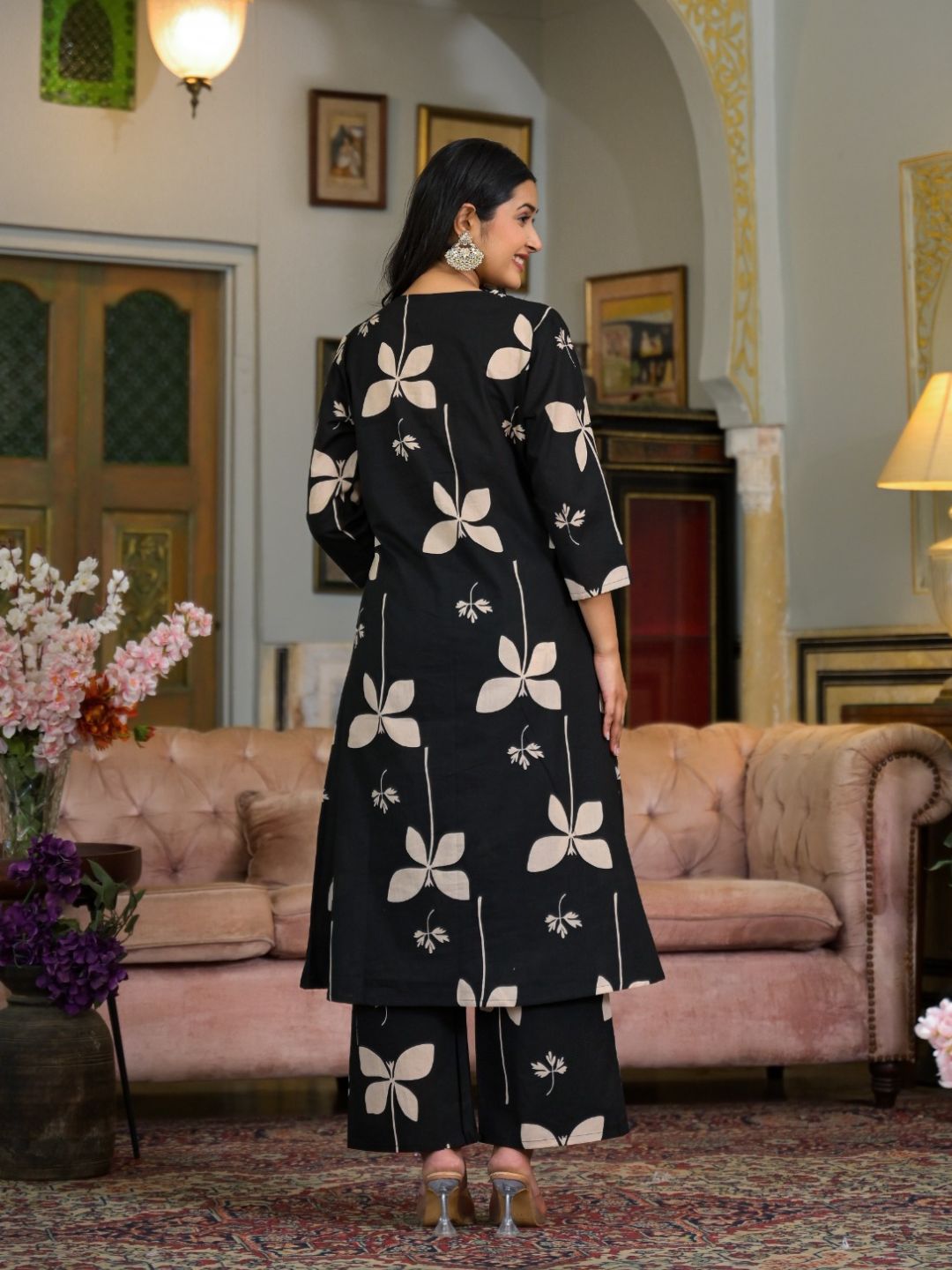 Floral Printed & Neckline Embroidered Kurta With Palazzo, Black - Hiral Fashion