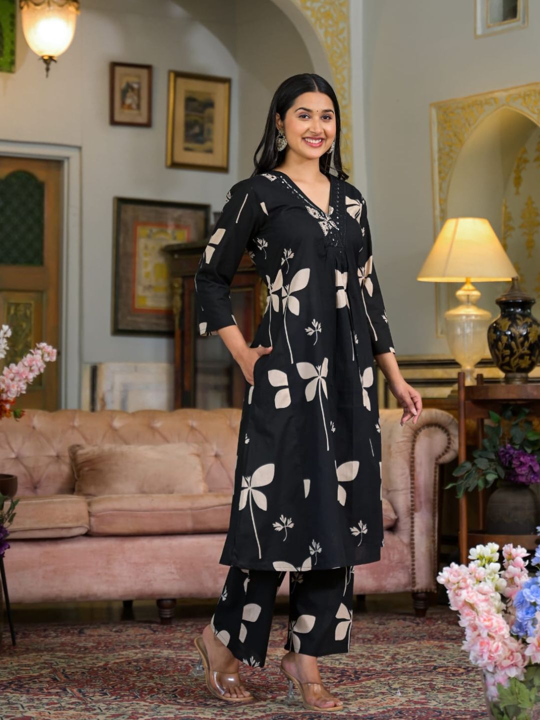 Floral Printed & Neckline Embroidered Kurta With Palazzo, Black - Hiral Fashion