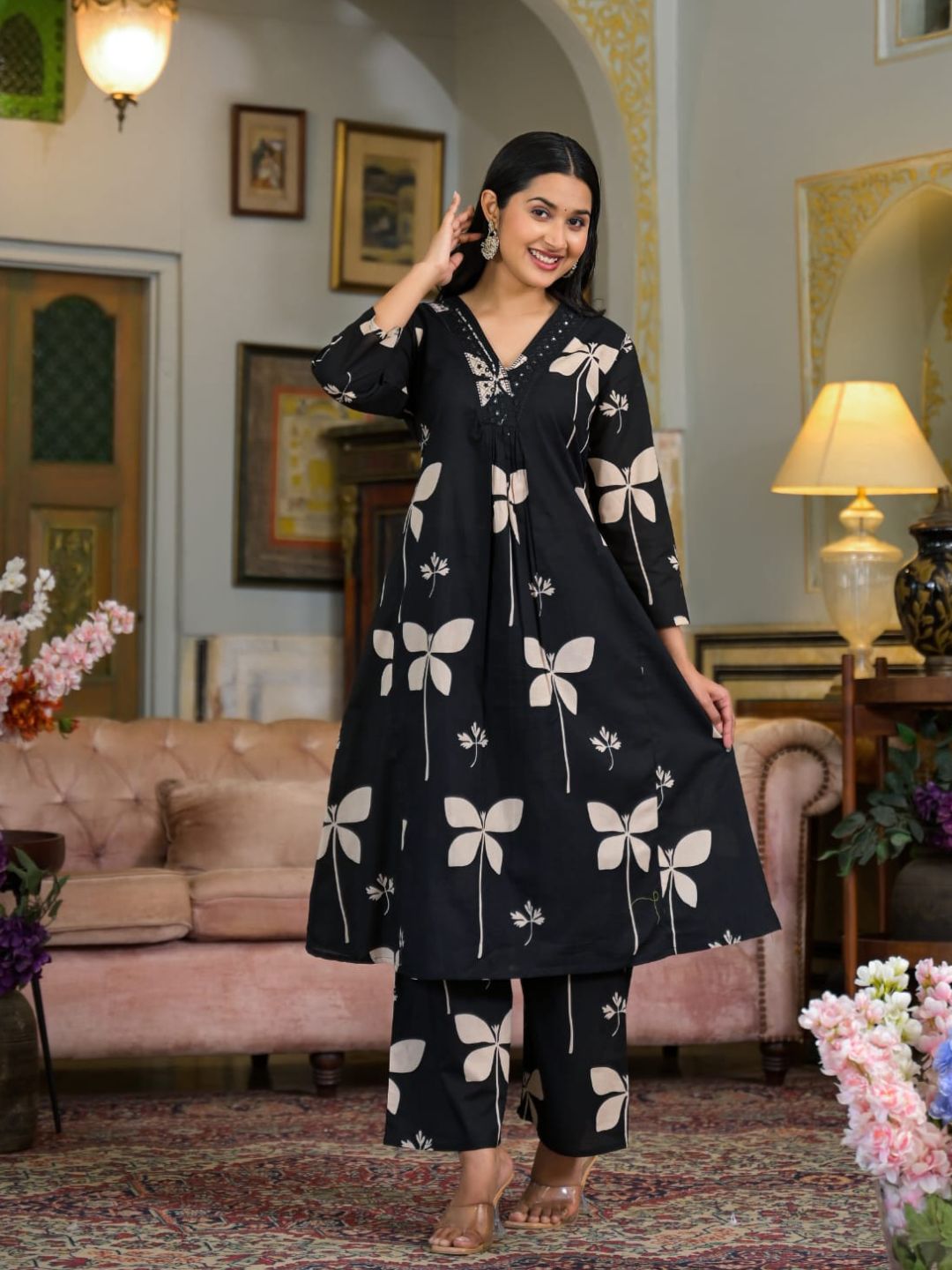 Floral Printed & Neckline Embroidered Kurta With Palazzo, Black - Hiral Fashion