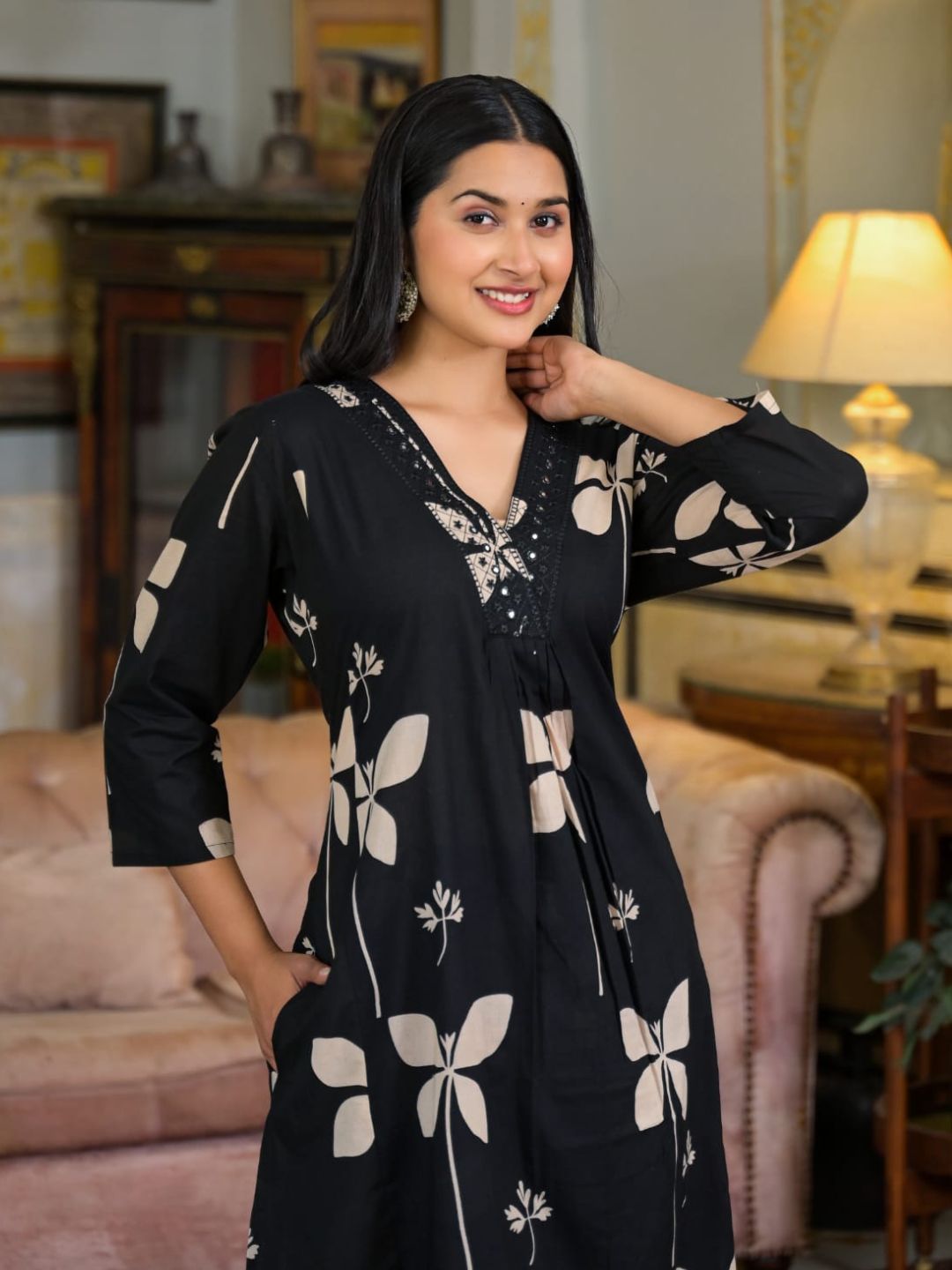 Floral Printed & Neckline Embroidered Kurta With Palazzo, Black - Hiral Fashion