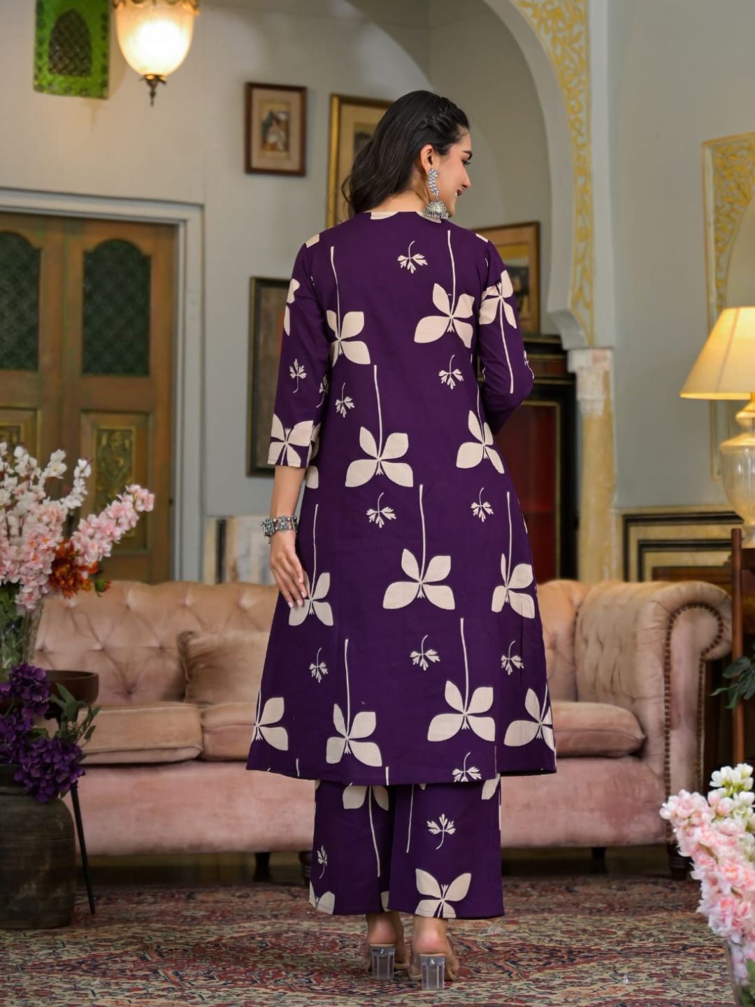 Floral Printed & Neckline Embroidered Kurta With Palazzo, Violet - Hiral Fashion