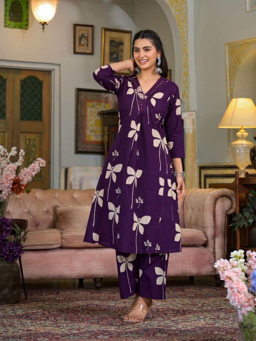 Floral Printed & Neckline Embroidered Kurta With Palazzo, Violet - Hiral Fashion