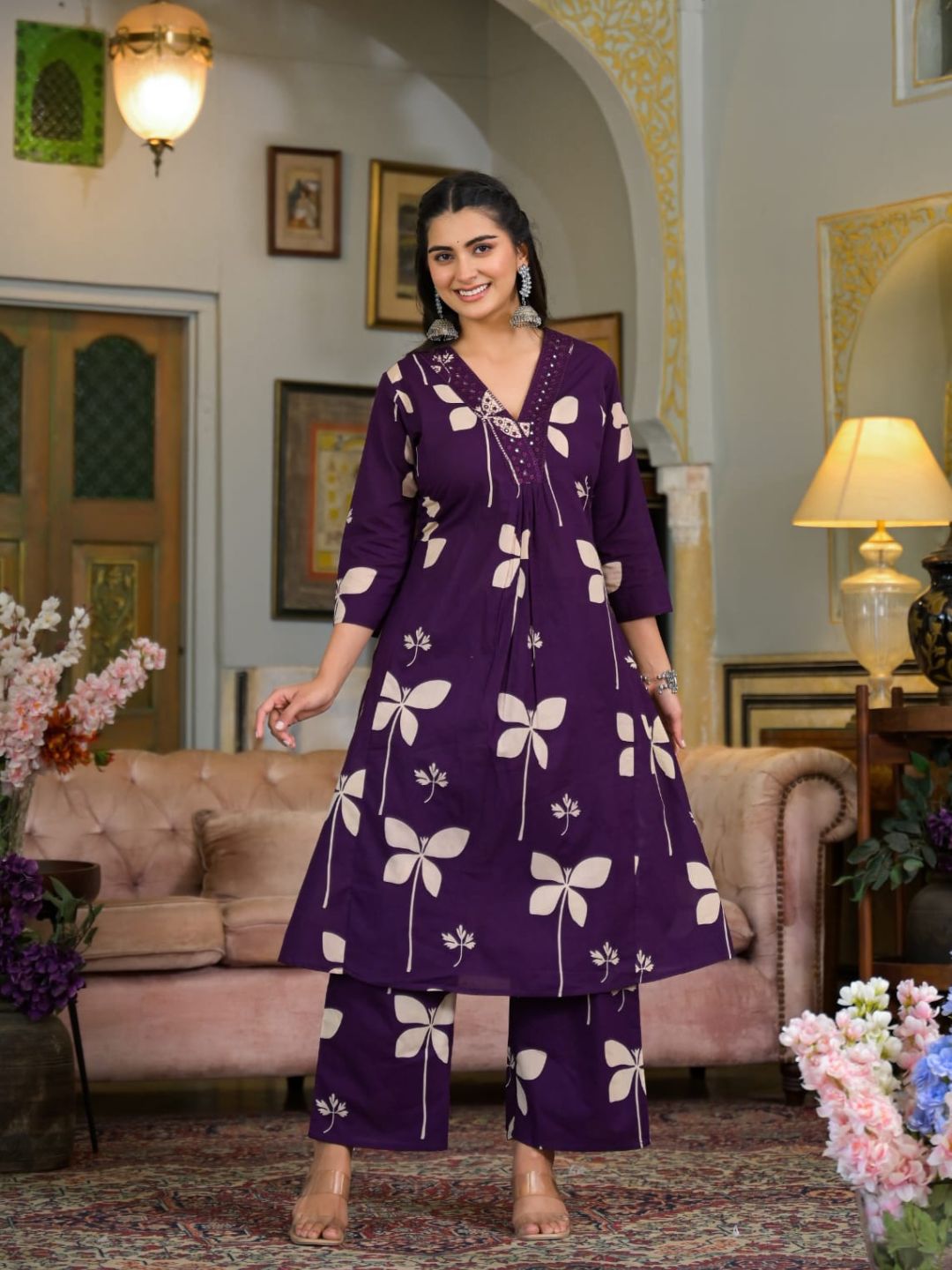 Floral Printed & Neckline Embroidered Kurta With Palazzo, Violet - Hiral Fashion