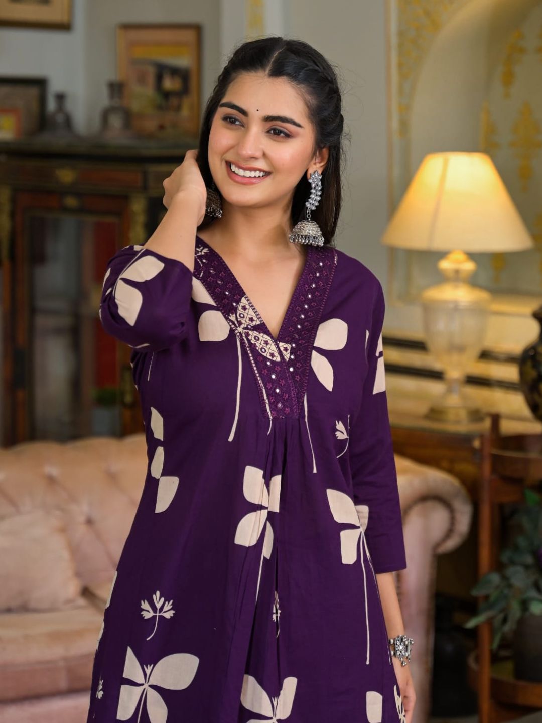 Floral Printed & Neckline Embroidered Kurta With Palazzo, Violet - Hiral Fashion