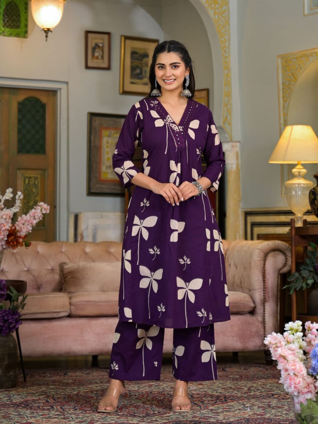 Floral Printed & Neckline Embroidered Kurta With Palazzo, Violet - Hiral Fashion