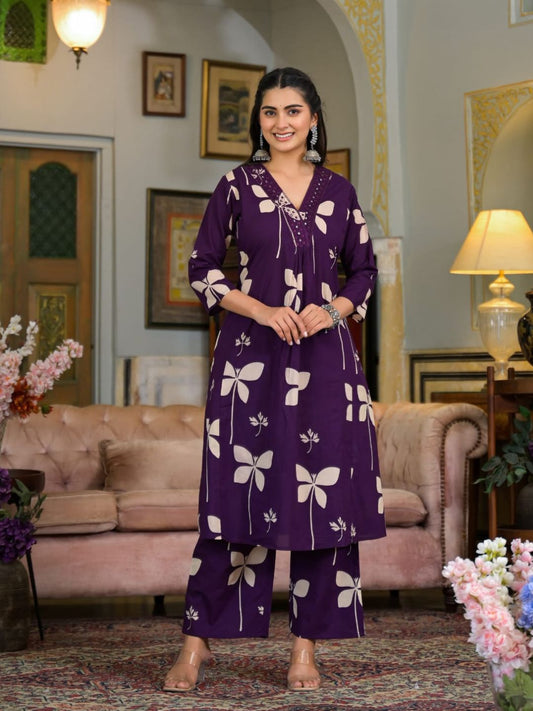 Floral Printed & Neckline Embroidered Kurta With Palazzo, Violet - Hiral Fashion