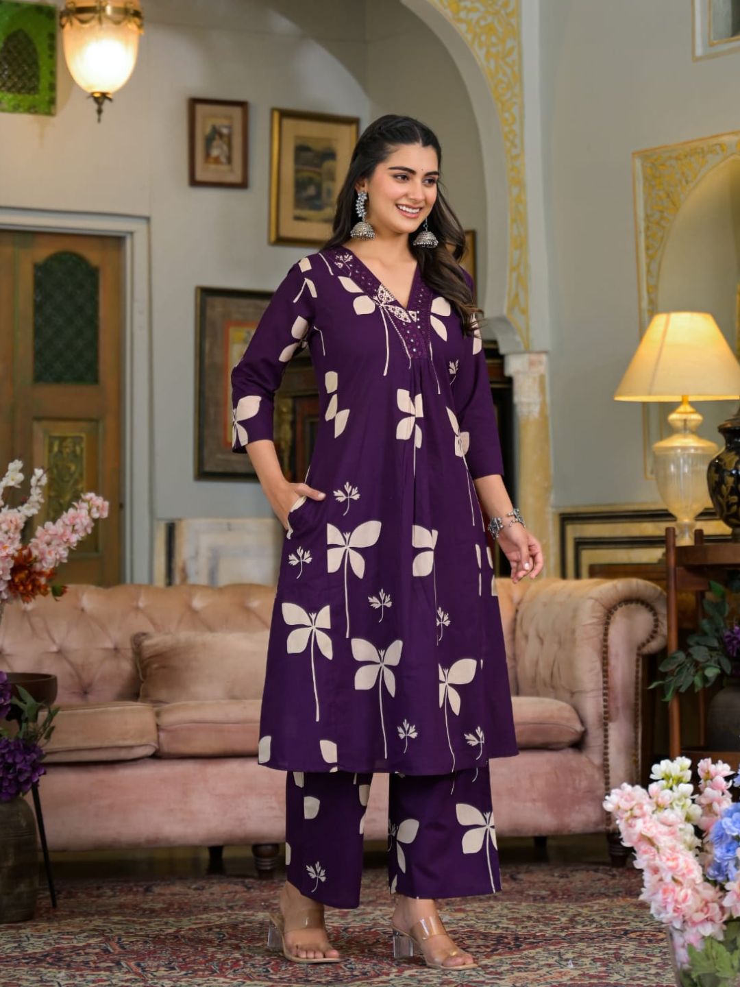 Floral Printed & Neckline Embroidered Kurta With Palazzo, Violet - Hiral Fashion