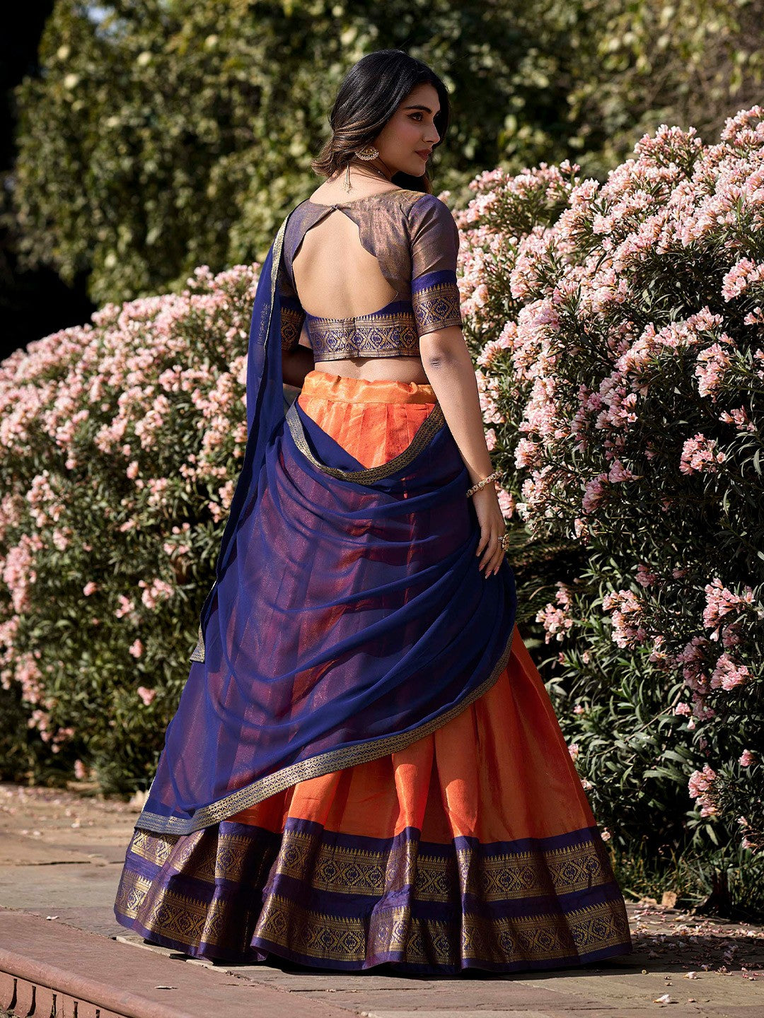 Lorenvalley Orange Kanchipuram Zari Weaving Work Lehenga Choli with Dupatta 
