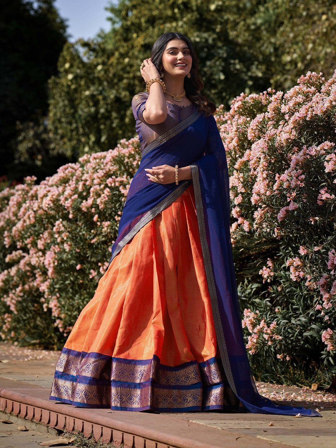 Lorenvalley Orange Kanchipuram Zari Weaving Work Lehenga Choli with Dupatta 