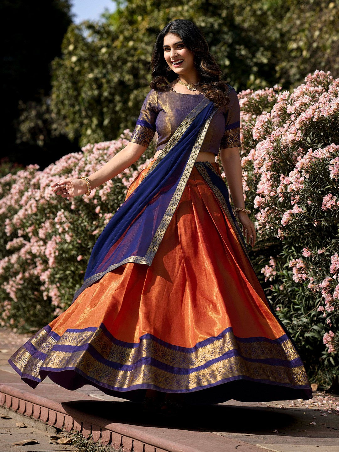 Lorenvalley Orange Kanchipuram Zari Weaving Work Lehenga Choli with Dupatta 