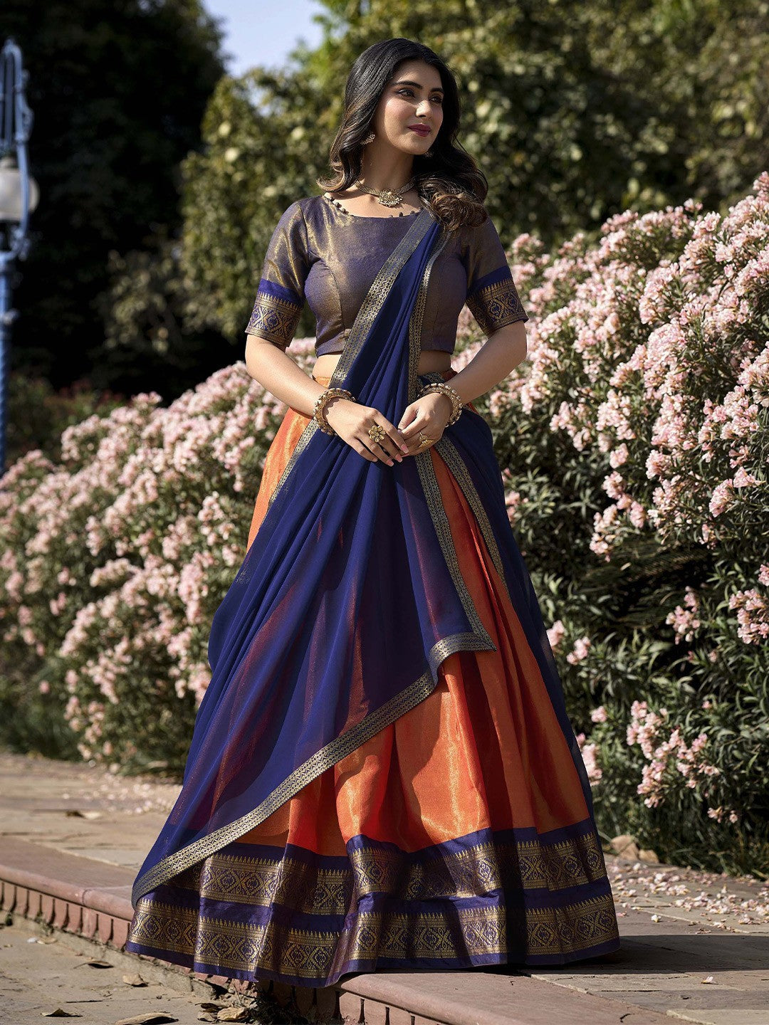 Lorenvalley Orange Kanchipuram Zari Weaving Work Lehenga Choli with Dupatta 