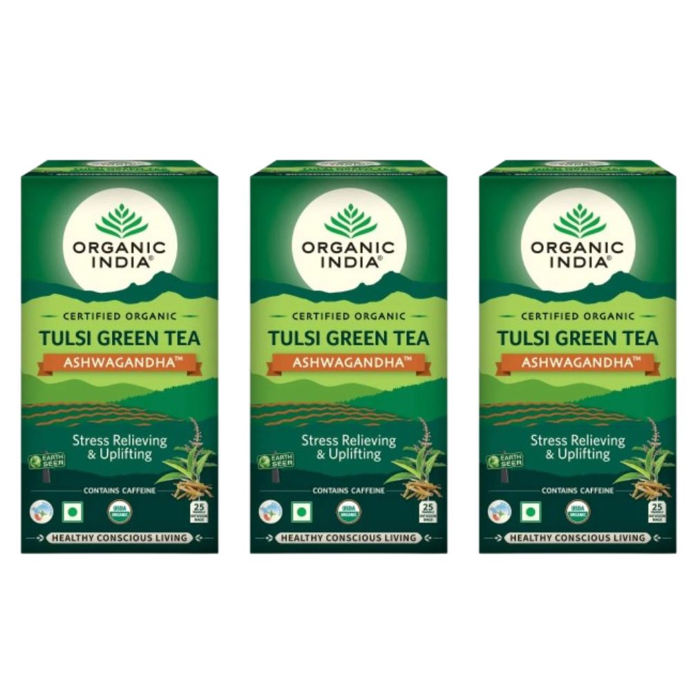 Organic India Tulsi Green Tea Ashwagandha - Herbal Sleep Tea, Caffine Free 