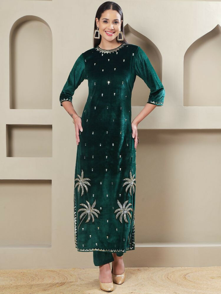 Joban Fashion Women Green Velvet Hand Embellishment Stitched Kurta Set