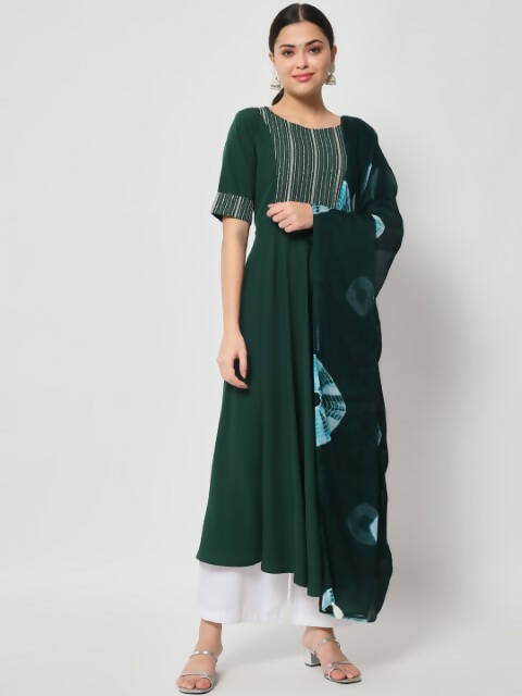 FIORRA Women's Bottle Green Poly Crepe Flared Kurta With Dupatta 