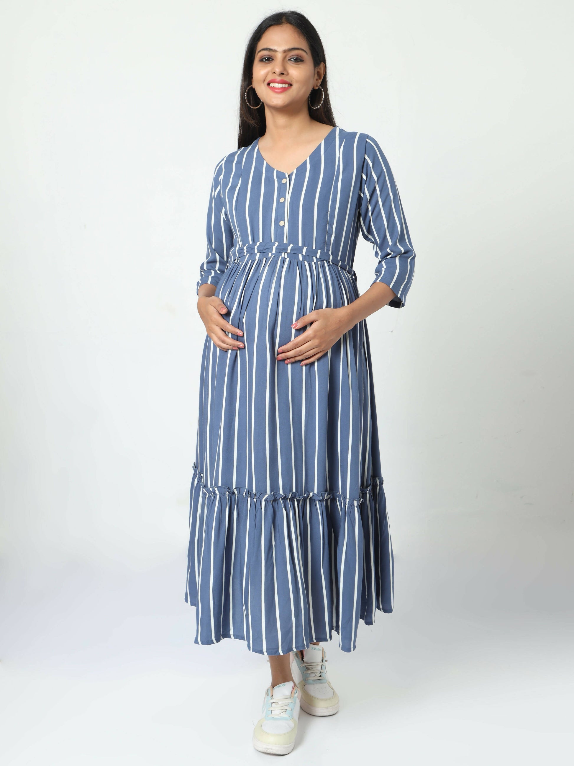 Manet Three Fourth Maternity Dress Striped With Concealed Zipper Nursing Access - Blue