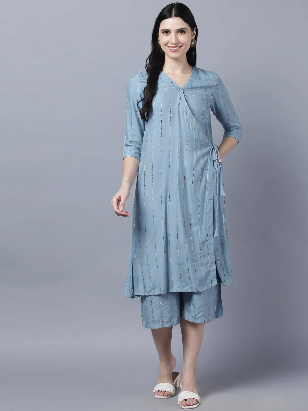 Myshka Stylish Grey Viscose 3/4 Sleeve Women's Kurta Palazzo Set