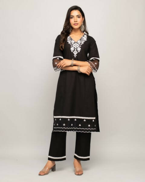 FIORRA Women's Black Cotton Straight Kurta Palazzo Set 
