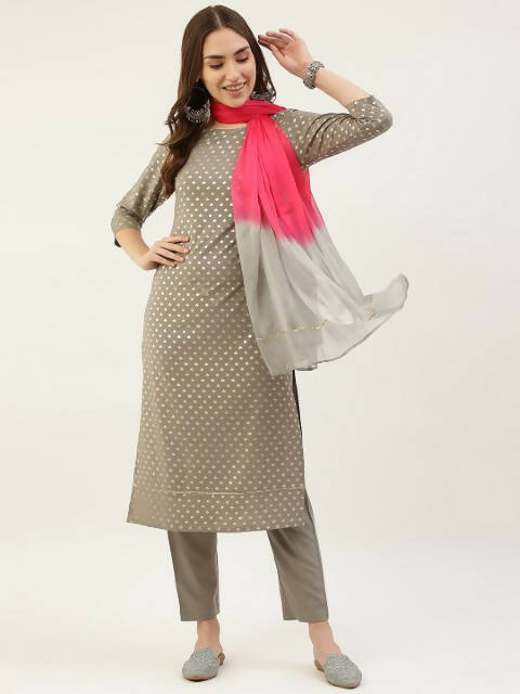 FIORRA Women's Grey Poly Crepe Straight Kurta Pant With Dupatta 