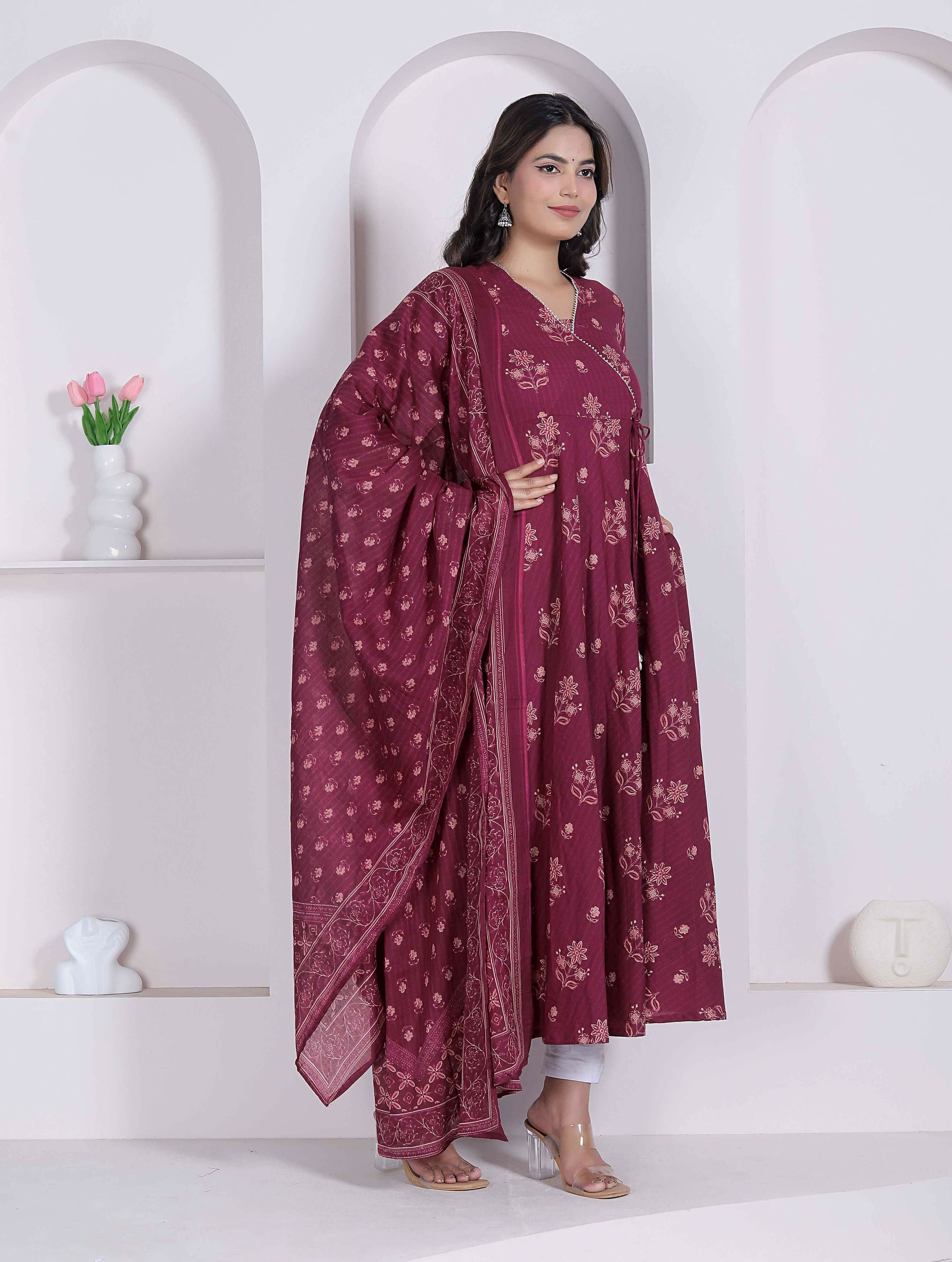 Miravan Womens Maroon Floral Printed Angrakha Pure Cotton Kurta And Dupatta