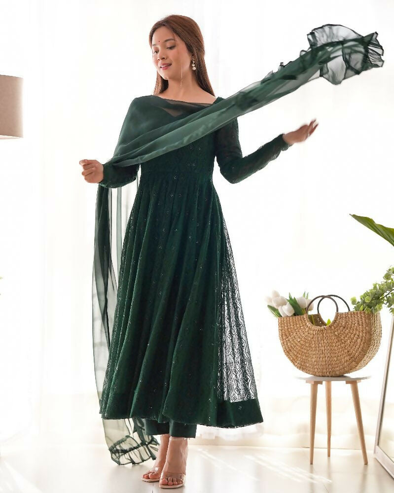Joban Fashion Green Kurta Set Georgette Sequence Embroidery Work 