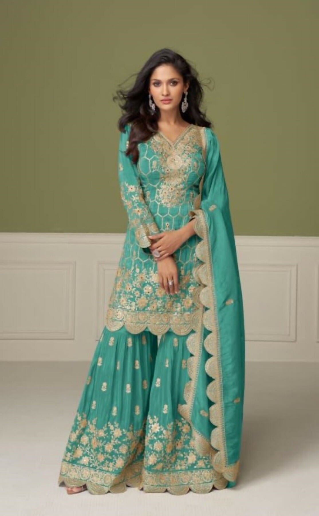 Anaita Sky Blue Real Shimmer Readymade Suit with Embroidery & Real Mirror Work