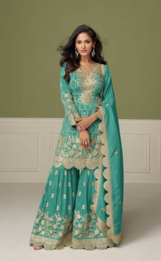Anaita Sky Blue Real Shimmer Readymade Suit with Embroidery & Real Mirror Work