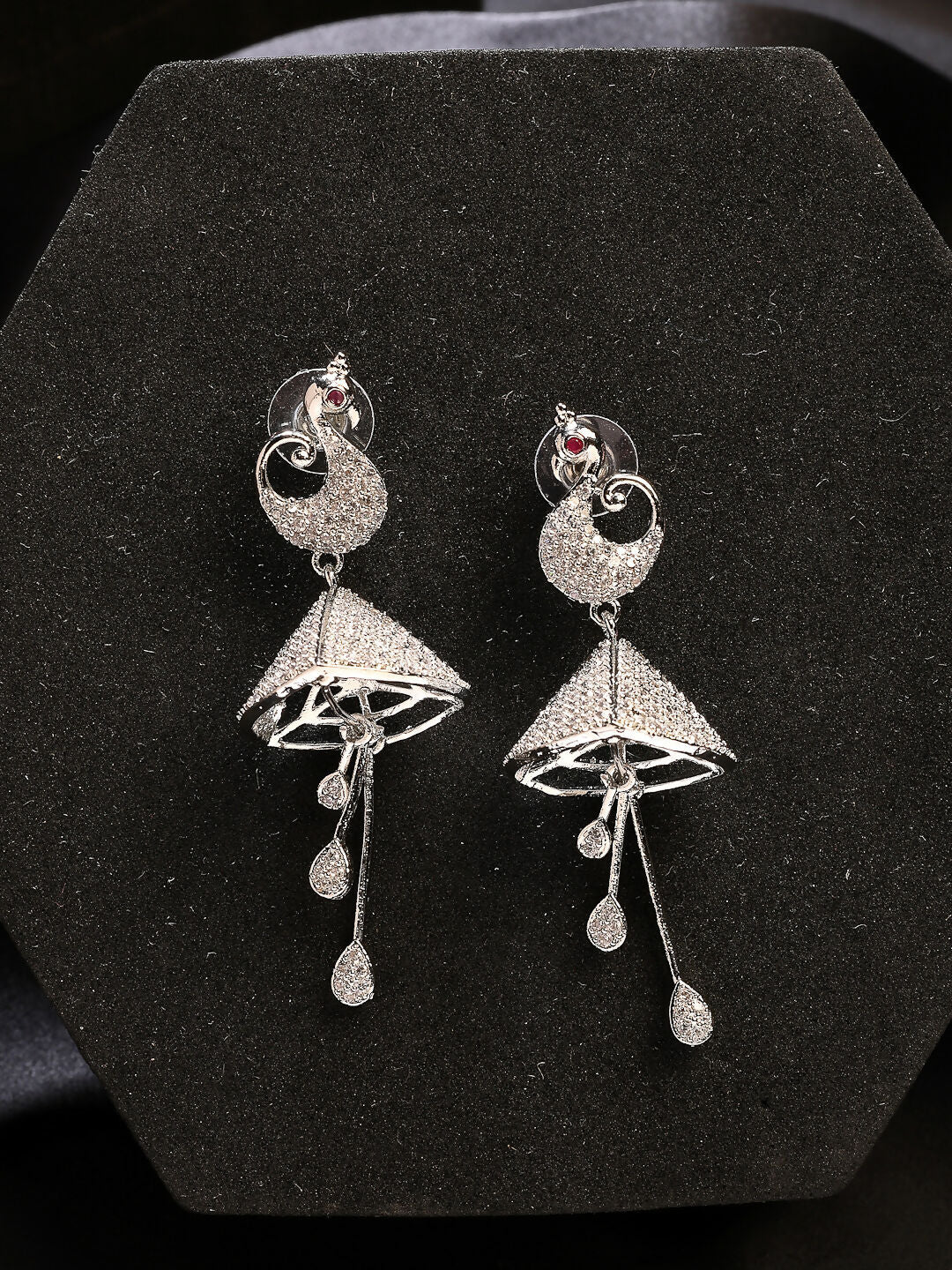 NVR Wome's Silver-Plated AD- Studded Peacock-Shaped Drop Earrings 
