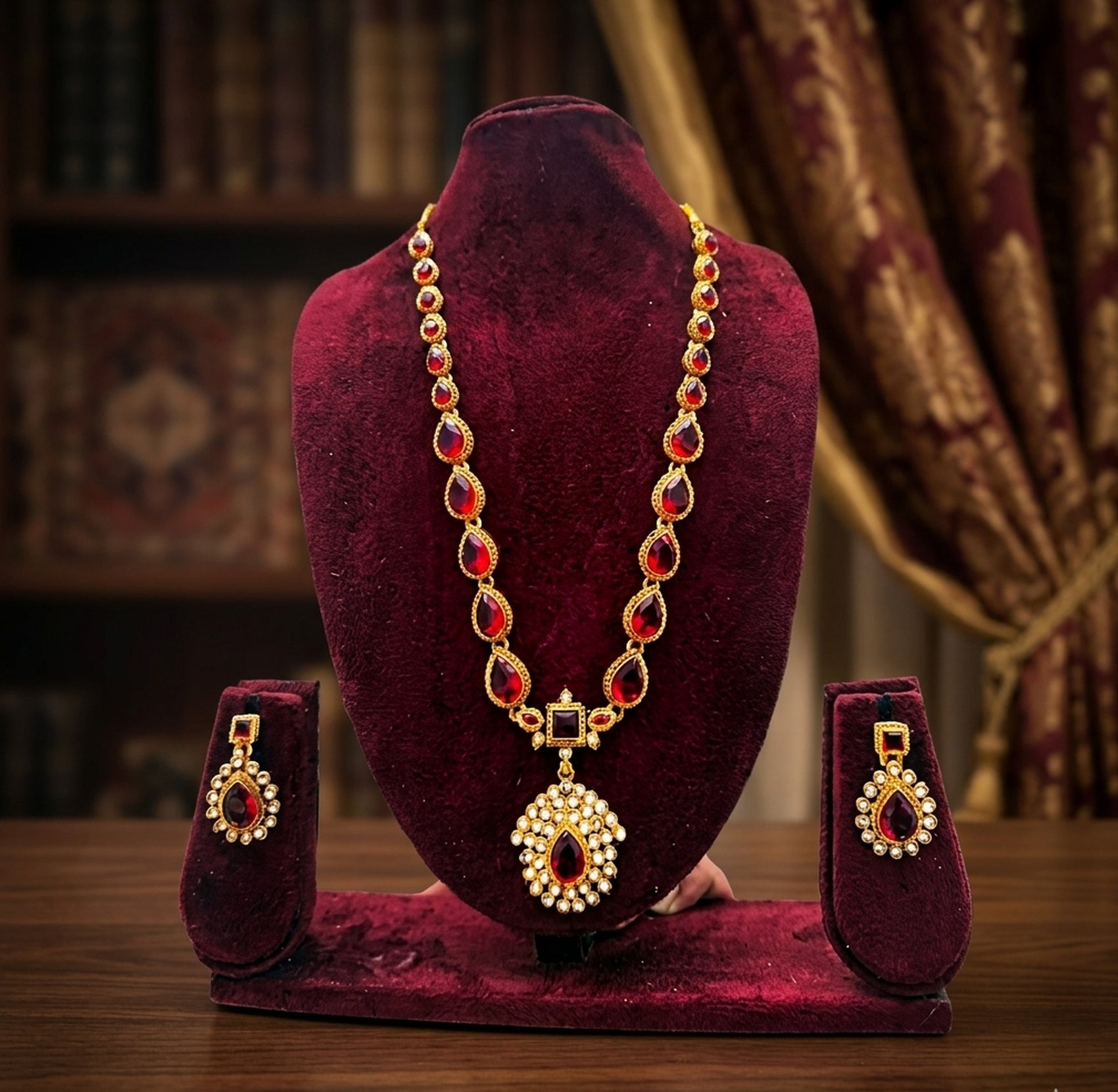 Jewel City Gold Plated Ruby Indian Jewelry Set Wedding Necklace with Earrings | Bollywood Bridal Festival Wear