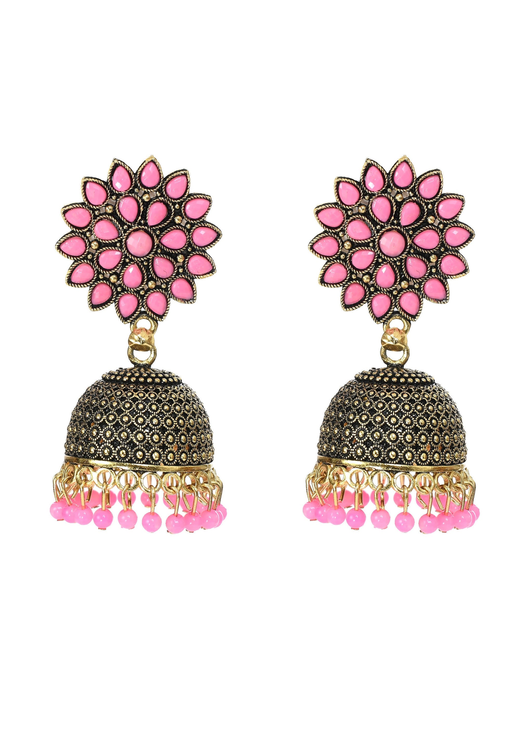 Mominos Fashion Johar Kamal Beautiful Kundan Work Jhumka With Baby Pink Beads - Grab2buy