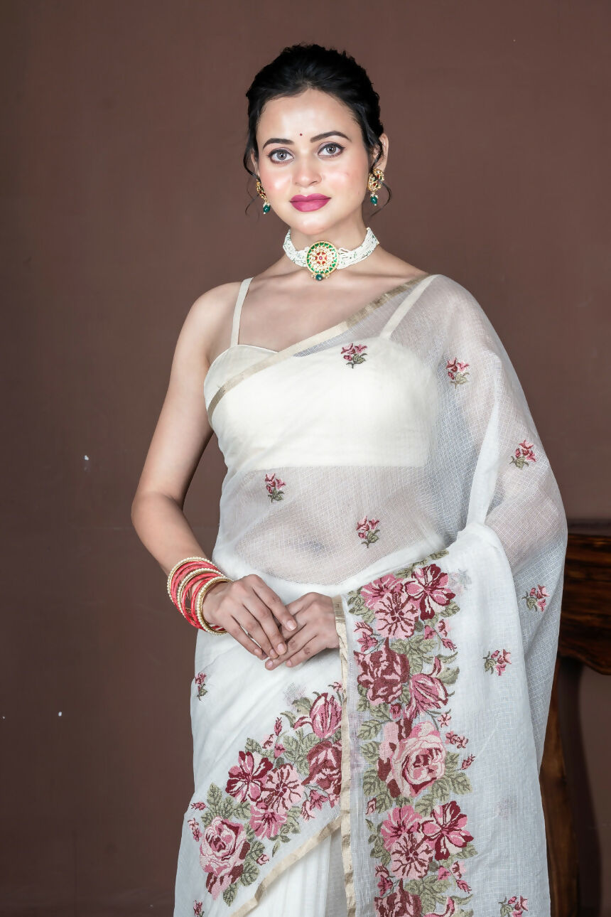 Morchari Off White Supernet Cross Embroidery Saree Unstitched Blouse