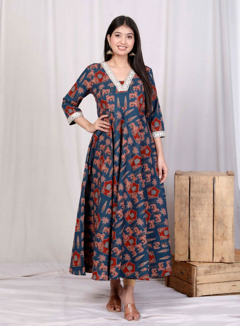 Miravan Women's Pure Cotton Blue Animal Printed Zari Lace Work Yoke Anarkali Kurta