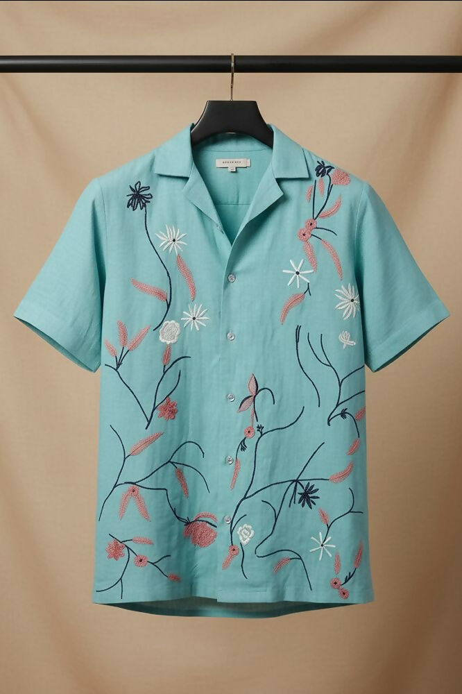Serene — Aqua Embroidered Linen Shirt by Hilo Design