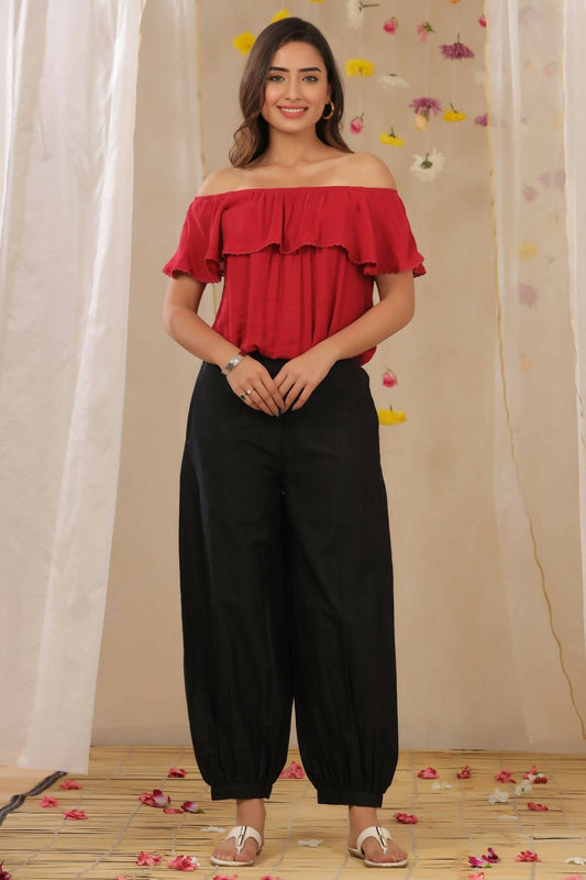 Juniper Women Black Cotton Flex Solid Stylized Dhoti Pant - Grab2buy
