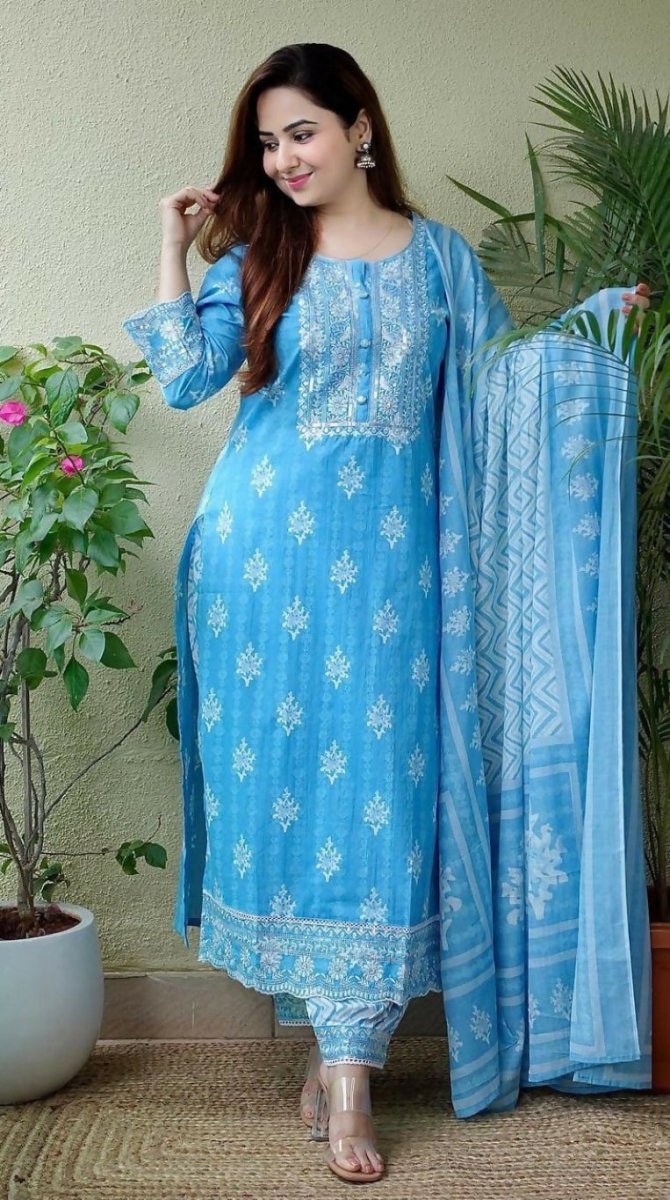 Alvano Women's Printed Straight 3Pcs Kurti with Pant and Dupatta set Cotton (Light Blue)