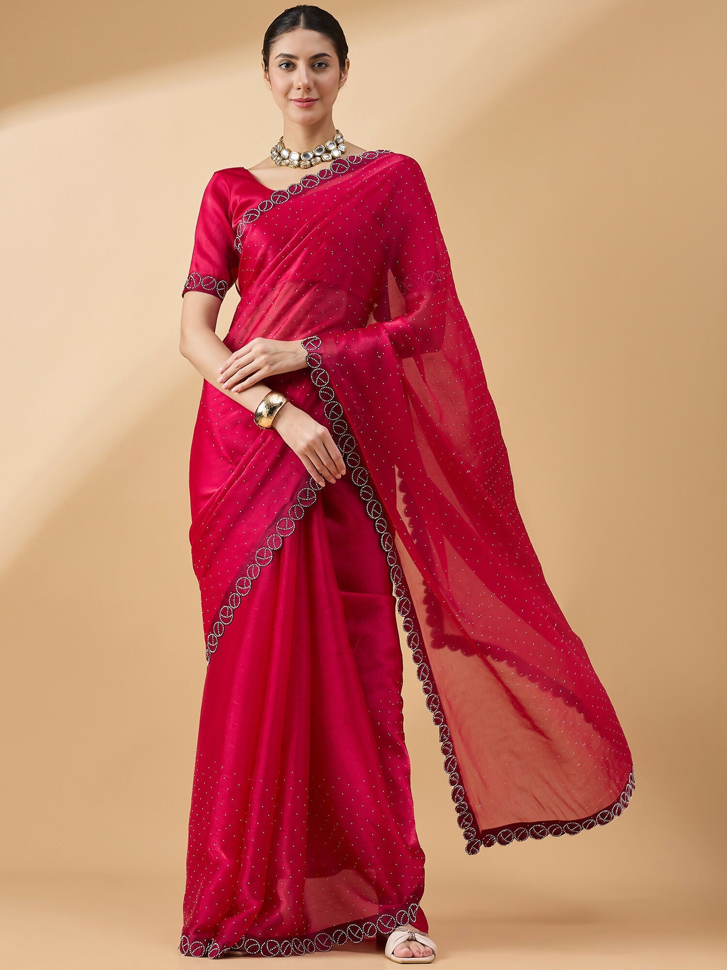 Pink Organza Swaroski Diamond Work Saree with Unstitched Blouse - Radha