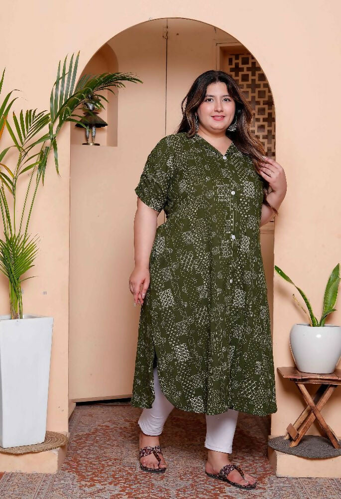 Miravan Womens Plus Size Pure Cotton Floral Printed Green Button Down A-Line Midi Dress