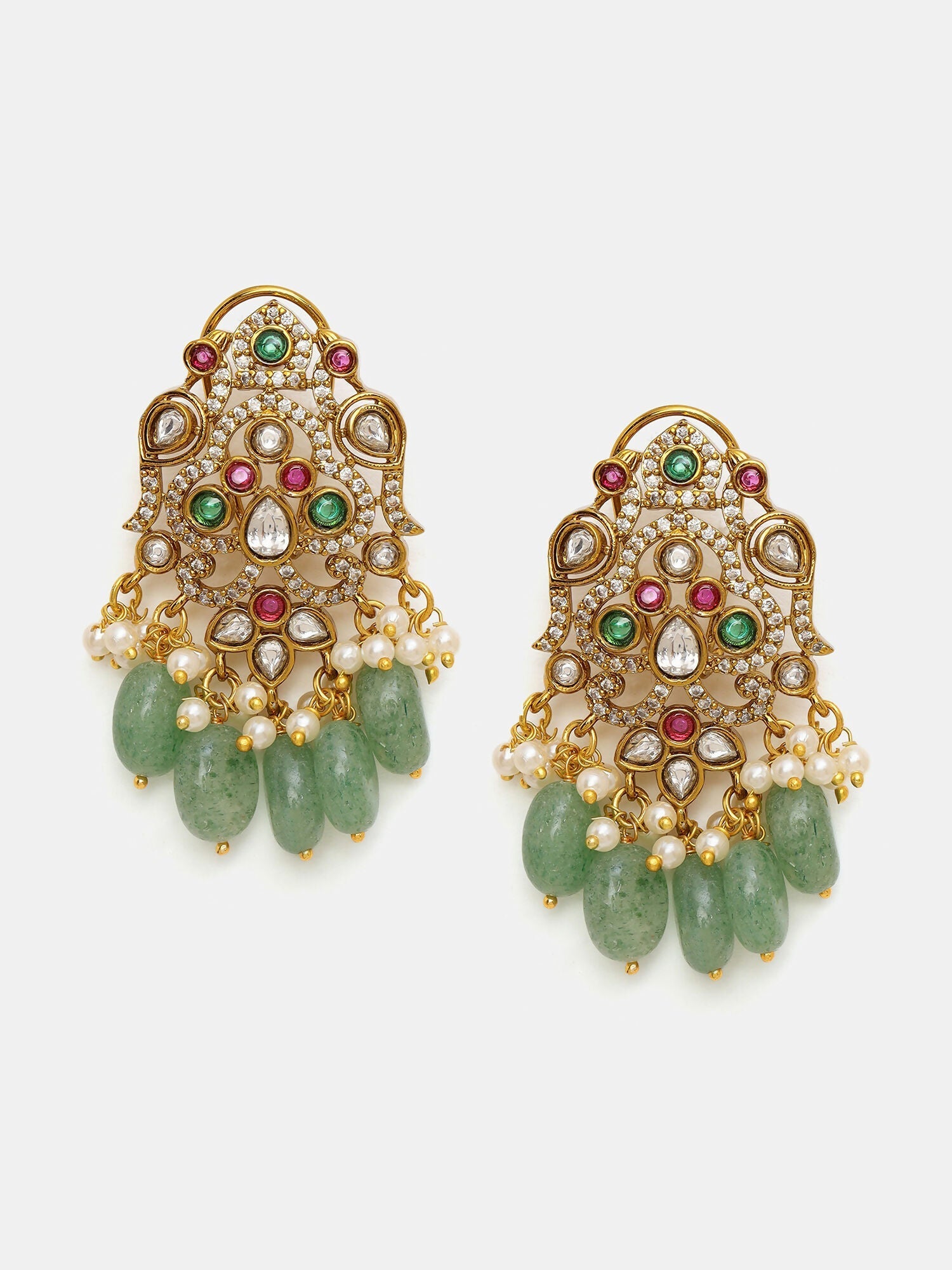 Ruby Raang 22k Gold Polished Long Kundan Heavy Maharani Necklace With Earrings | Swadesiicart