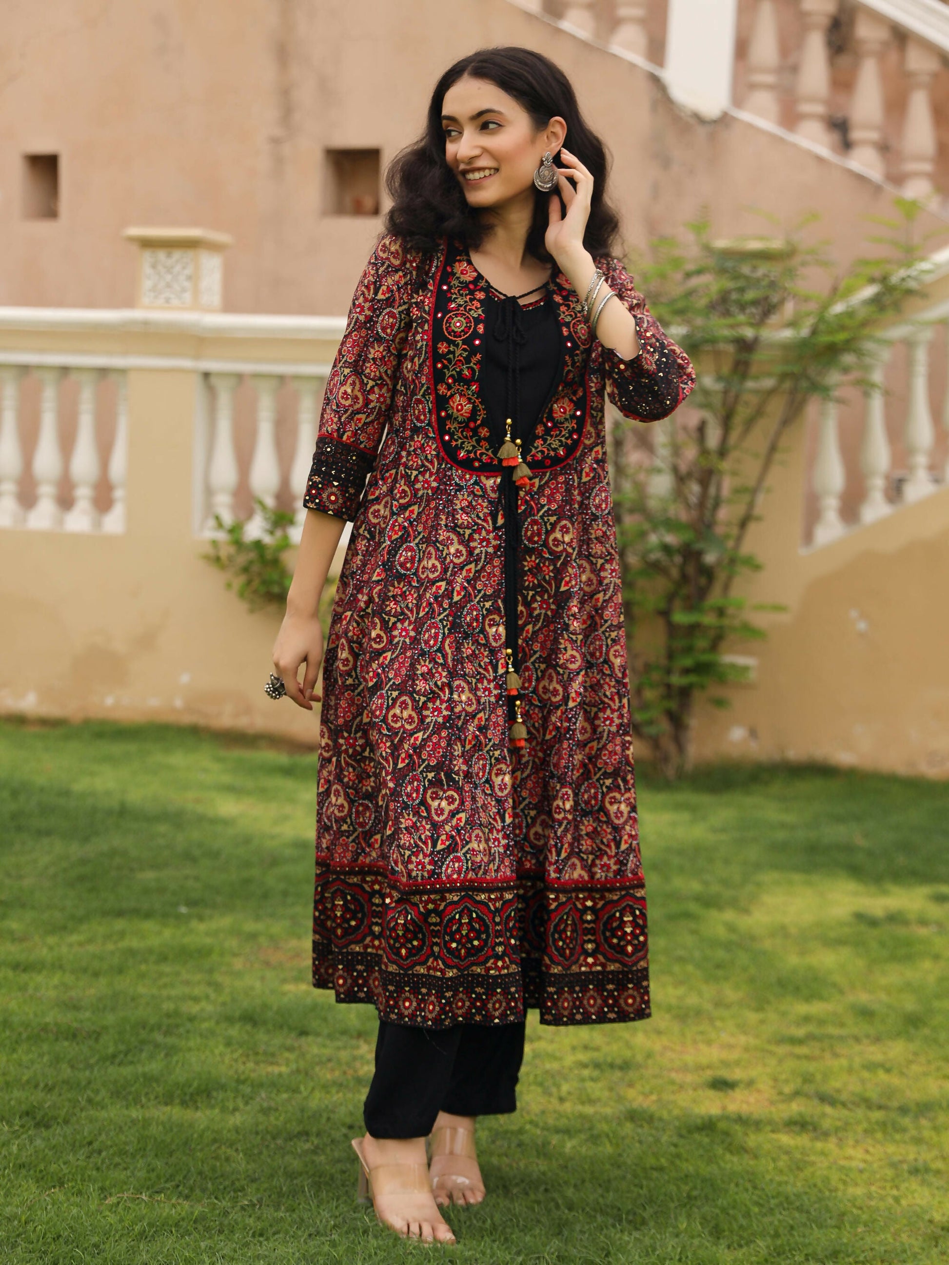 Juniper Women's The Mahautsavam Black Ethnic Motif Printed Muslin Shrug Inner & Pant Set With Thread & Mirror Work