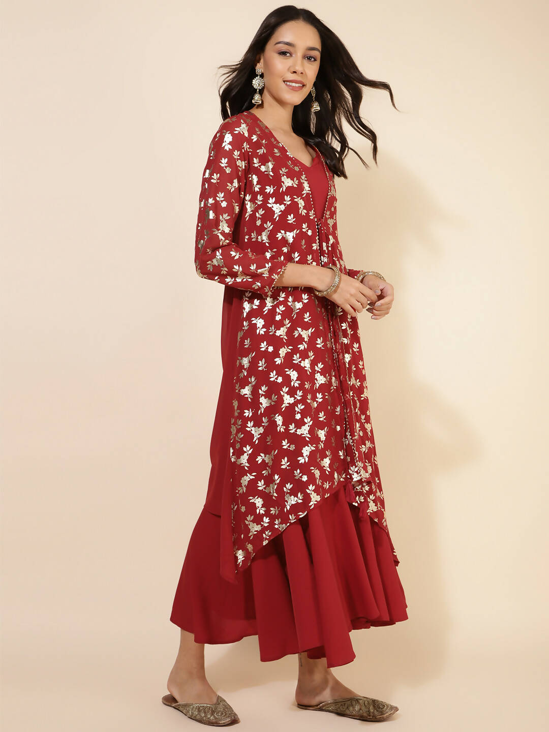 Janasya Women's Red Georgette Foil Printed Festive Flared Dress Set 